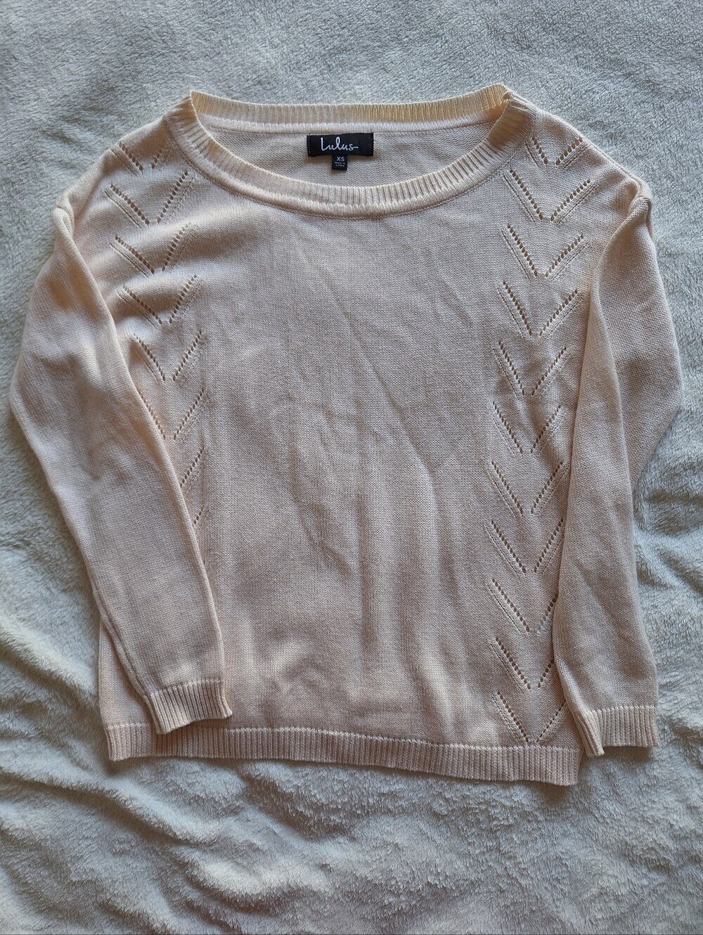 Lulus Pointelle Chevron Knit Sweater Size XS Cream Beige Scoop Neck